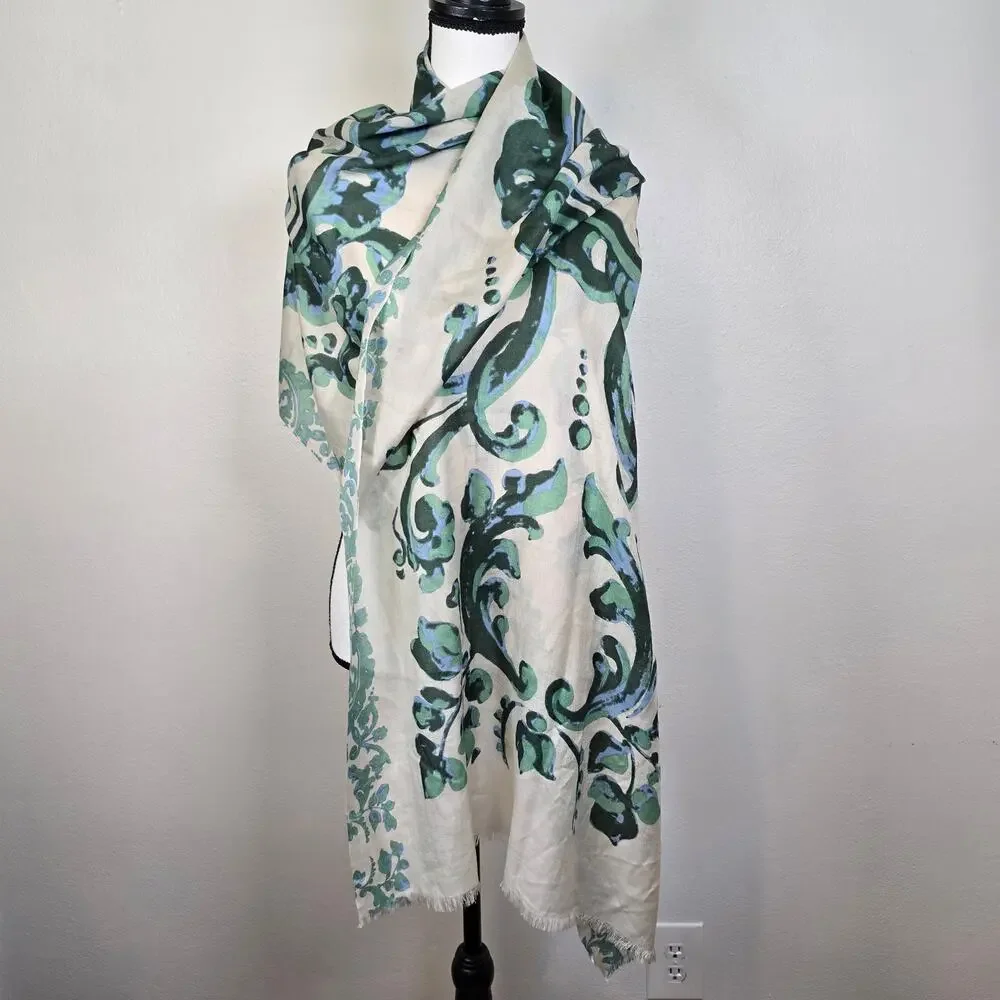 Art Go'den Du'm Silk Wool Blend Scarf Wrap Women's Green Blue Damask Boho Chic
